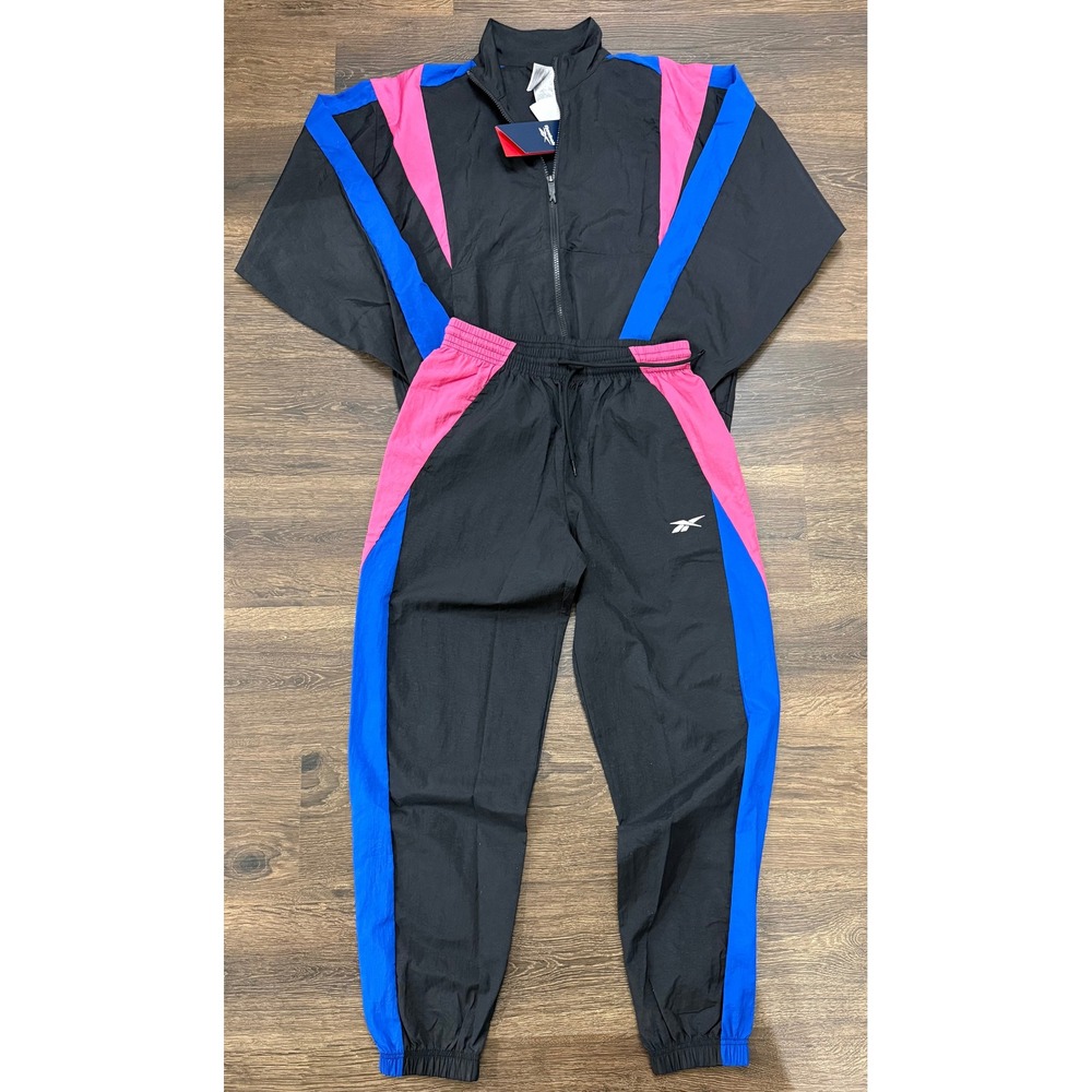 Reebok BV Woven Tracksuit Womens Small Black Pink Blue 2 Piece Set NWT